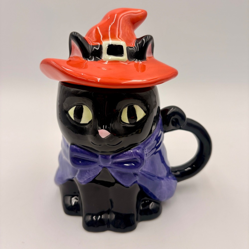 Jack O' Lantern Lane Halloween Black Cat Witch Hat Lidded Ceramic Mug